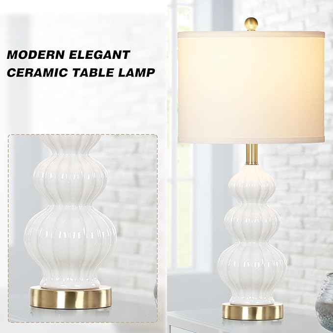 Modern White Table Lamps Set of 2 - Bedside Lamps for Night Stands, 26" Triple Gourd Ceramic Lamps for Living Room with USB A+C Ports & AC Outlet,3 Way Touch Lamps for Bedroom (LED Bulbs Included)