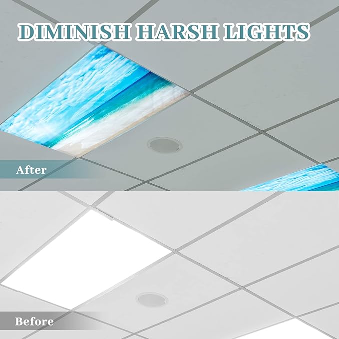 Hortsun 6 Pcs Fluorescent Light Covers - 4 x 2 Feet Magnetic Light Filters, Ceiling Lights Covers for Classroom Fluorescent Shade, Hospitals, School Office Cubicle Decor(Beach)