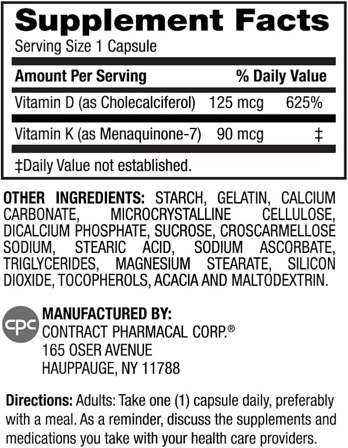 Splendeur de la Terre Vitamine D + K, 120 Gélules, Contient 120 mcg de Vitamine D3 et 90 mcg de Vitamine K2, Approvisionnement pour 4 Mois