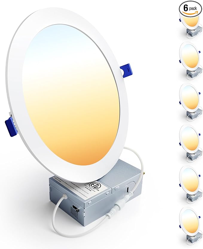 Ensenior 6 Pack 8 Inch LED Recessed Light, Dimmable, 2700K-5000K 5CCT, 1600LM High Brightness, 18W 120V, Damp Rated, Ultra-Thin Canless Wafer Light - ETL & FCC & IC