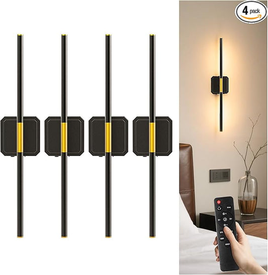 GvvooHome Battery Operated Wall Sconce Detachable 360°Rotate, Wireless Wall Lamp 3000-6500K Dimmable, 10000mAh Rechargeable Wall Light for Bedroom, Living Room，28.3" Black Gold 4 Pack