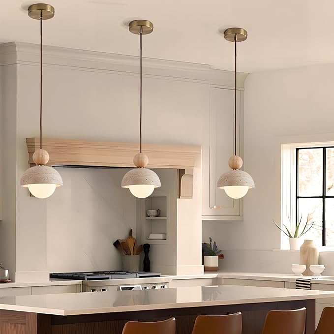 Natural Stone Pendant Light, Wabi Sabi Travertine & Wood Hanging Lamp for Kitchen Island, Hallway, Bedroom, Dining Room Ceiling Decor (G9 Bulb, 5.9 in Stone Round, 1pcs)