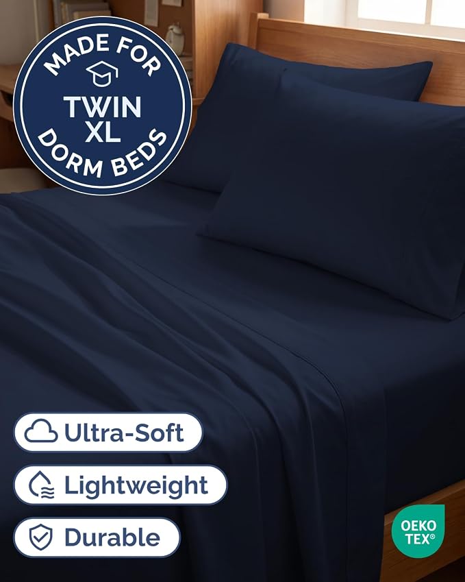Twin XL 4 Piece Sheet Set - Comfy Breathable & Cooling - Ultra-Soft Hotel Luxury Bedding Set w/ 8-16 Inch Deep Pockets - 1 Flat & 1 Fitted Sheet & 2 Pillowcases - Wrinkle Free & Easy Care - Navy Blue
