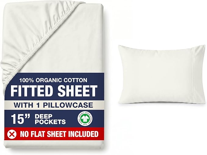 LANE LINEN Twin XL Fitted Sheet & Pillowcase (No Flat Sheet) - 100% Organic Cotton Soft & Breathable Percale Weave Set - Hotel Quality Crispness for Added Comfort - GOTS Certified - Glacier Grey