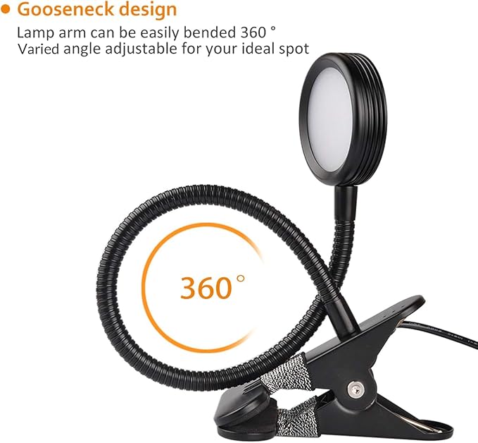 LEPOWER Clip on Light/Reading Lights/Book Light/Desk Lamp Color Changeable/Night Lights Clip on for Desk, Bed Headboard and Computers, Adapter Included (Black) Metal