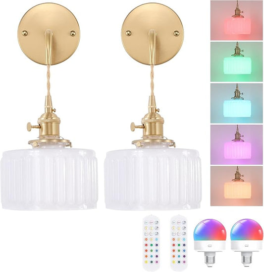 Shenmoyl Battery Operated Wall Sconce with White Striped Shade Pattern Glass Adjustable Chain Retro Wall Mounted Light, Modern Wall Lamp Fixtures Decor for Bedside Bedroom Indoor Doorway，Set of 2