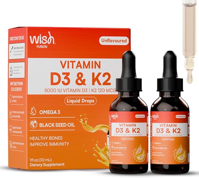 Gouttes liquides de Vitamine D3 K2, Pack de 2 Gouttes de Vitamine D avec Oméga 3, 5000 UI D3, 120mcg K2, pour le Soutien Immunitaire et la Santé des Os Huile de Nigelle & MCT Bio, Multivitamine Liquide pour Femmes et Hommes