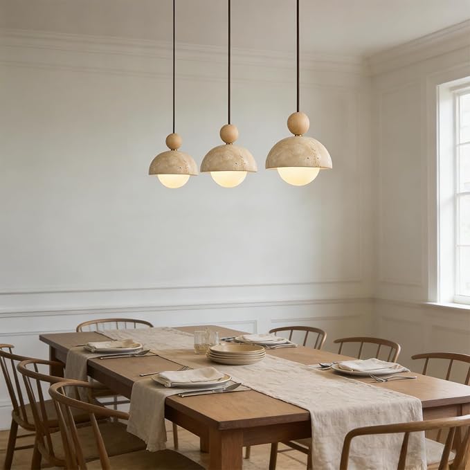 7.1inch Wabi Sabi Pendant Light, Yellow Travertine Pendant Light Fixture, Natural Stone & Wood Hanging Lamp for Kitchen Island, Hallway, Bedroom Bedside, Living Room, Dining Room (1pcs)