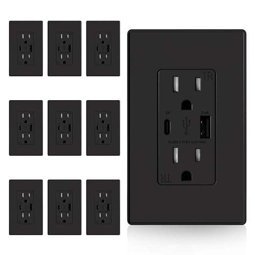 ELEGRP USB Charger Wall Outlet, USB Receptacle with Type A & Type C USB Ports, 15 Amp Duplex Tamper Resistant Receptacle Plug NEMA 5-15R, Wall Plate Included, UL Listed (10 Pack, Matte Black)