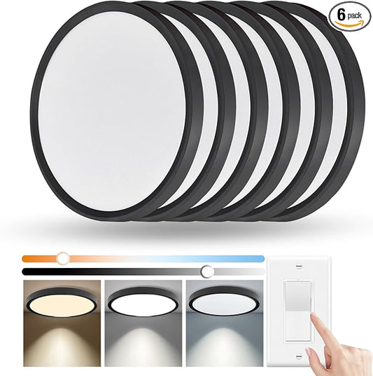 6 Pack 12 Inch Hardwired Dimmable LED Flush Mount Ceiling Light Fixtures, 24W 2640LM 3000K/4000K/5000K, House Upgrade Led Lights for Bedroom Hallway Laundry Room Rental Units, 240W Equiv., Black