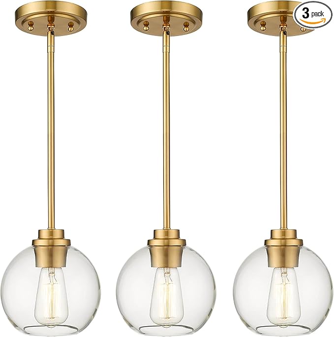3-Pack Pendant Lights Kitchen Island, Gold Hanging Lights Fixtures with Clear Glass Globe Shade, Brass Kitchen Island Lighting for Dining Room, AD-22280-1P3-GD