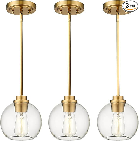 3-Pack Pendant Lights Kitchen Island, Gold Hanging Lights Fixtures with Clear Glass Globe Shade, Brass Kitchen Island Lighting for Dining Room, AD-22280-1P3-GD