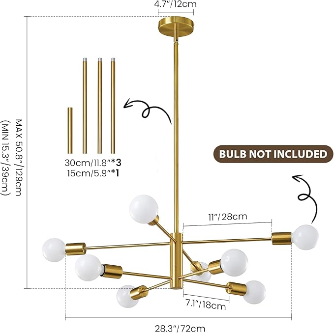 KAISITE Modern Chandelier Sputnik Ceiling Light Fixture 8-Light Gold Chandelier Dining Room Light Over Table Height Adjustable Mid Century Ceiling Hanging Chandelier for Bedroom Kitchen Foyer