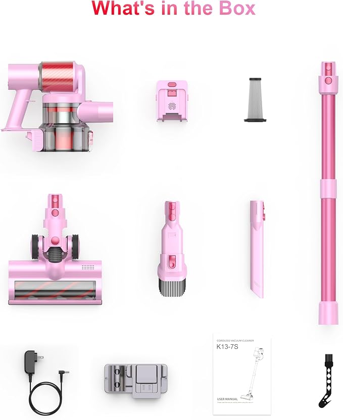 Pink Cordless Vacuum Cleaner, 50Kpa/600W/60 Mins Runtime Stick Vacuum with Self-Standing and Touch Screen, Anti-Tangle Wireless Vacumm, Vacuum Cleaners for Home/Pet Hair/Carpets/Floors