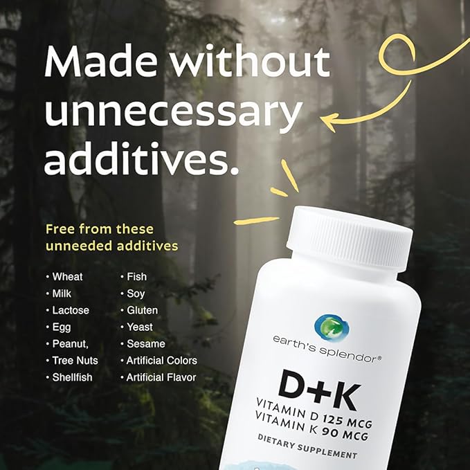Splendeur de la Terre Vitamine D + K, 120 Gélules, Contient 120 mcg de Vitamine D3 et 90 mcg de Vitamine K2, Approvisionnement pour 4 Mois
