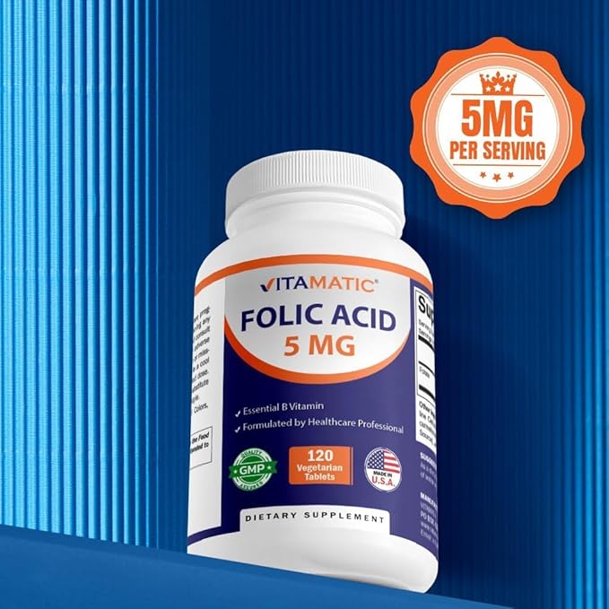 Vitamatic Folic Acid 5mg (5000 mcg) – 120 Vegetarian Tablets High Potency Vitamin B9 (Folate) for Cellular Health, Heart Support & Prenatal Care