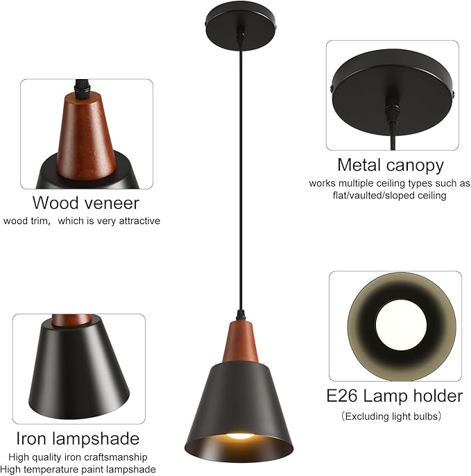 2 Pack Pendant Lights, Black Pendant Lights Kitchen Island,Wood Dome Minimalist Industrial Ceiling Hanging Lights for Kitchen Island, Barn, Dining Room, Living Roo m, Bedroom
