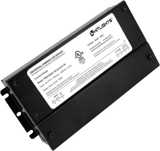 HitLights 150W Dimmable LED Driver, Electronic Transformer, 120V AC to 24V DC Power Supply for LED Strip Light, IP66 Rated, Dimming with TRIAC, 0-10V, 1-10V, Potentiometer, 10V PWM, UL Listed, Class 2