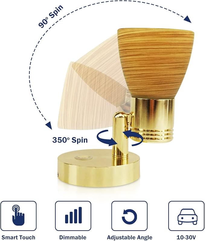 THALASSA Small 12V Boat Reading Lights - RV Interior Bedside Lights with Adjustable Warm White Brightness & Touch Switch, Surface-Mounted on Camper Motorhome Caravan Indoor 2.55“Diameter Light Base
