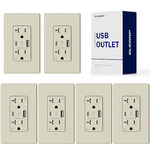 ELEGRP USB Charger Wall Outlet, USB A & C Ports, 20 Amp NEMA 5-20R, Wall Plate Included, UL Listed, Almond 6 Pack
