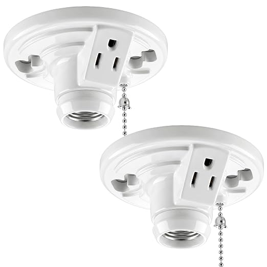 2 Pack Light Socket with Outlet and Pull Chain Light Fixture, Bulb Socket with Grounded Outlet, E27/e26 Base, Box Mount for Indoor Garage Closet Lighting (Phenolic Resin)