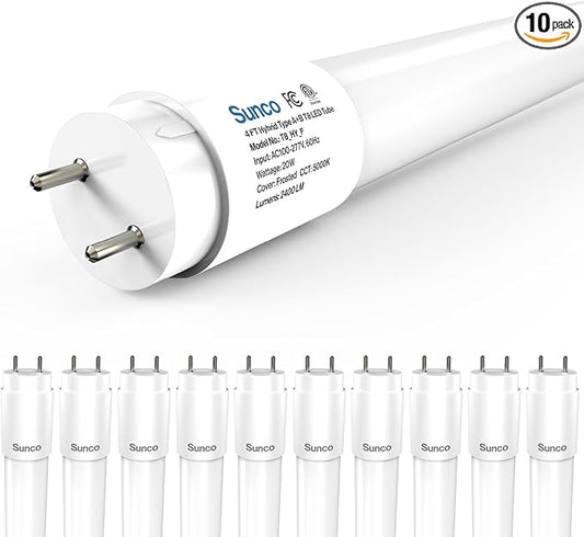 Sunco 10 Pack T8 LED Bulbs 4 Foot, 48 Inch Tube Light Bulbs Fluorescent Replacement, Single or Double Ended Hybrid Type A+B, 2400 LM, 20W, 5000K Daylight, Frosted Lens ETL