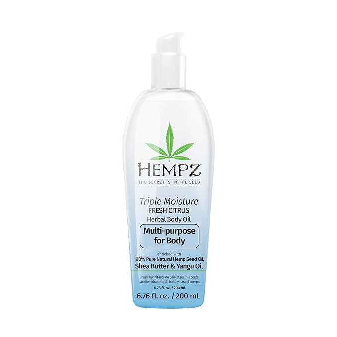 Hempz Triple Moisture Fresh Citrus Huile corporelle hydratante multi-usage à base de plantes pour le visage et le corps - Huile hydratante pour le bain, la douche ou le rasage pour peaux sèches ou sensibles pour femmes et hommes, 6,76 oz