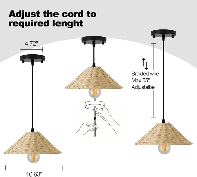 Hard Wired Rattan Pendant Lights Set of 2,Farmhouse Coastal Woven Wicker Ceiling Light with 10.65” Cone Shade, Boho Wired Mounted Hanging Chandelier for Bedroom Dining Room Kitchen Island