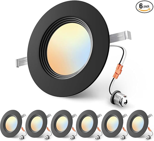 Ensenior 5/6 Inch 5CCT LED Can Lights 6 Pack, Retrofit Led Recessed Lighting, Baffle Trim, Dimmable, 9W=110W, 1000LM, 2700K/3000K/3500K/4000K/5000K Selectable, IC Rated, Black - ETL & FCC
