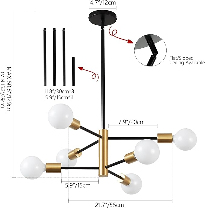KAISITE Modern Sputnik Chandelier - 6 Light Chandelier with Height Adjustment, Black and Gold Finish for Kitchen, Bedroom and Foyer
