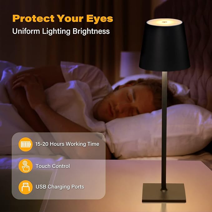 CHLORANTHUS 2 Pack Cordless Table Lamps, 3 Colors Stepless Dimming, 5000mAh Rechargeable Battery LED Desk Lamp for Bedroom/Couple Dinner/Desk/Cafe/Dining Room/Terrace