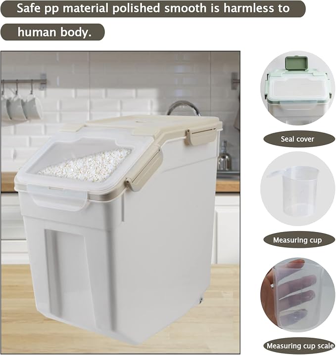 Large Flour Storage Container Bin 25lb, 4Pack Airtight Rice Storage Containers with Wheels Seal Locking Lid, BPA Free with Measuring Cup&Scoop for Flour, Rice, Grain(Gray)