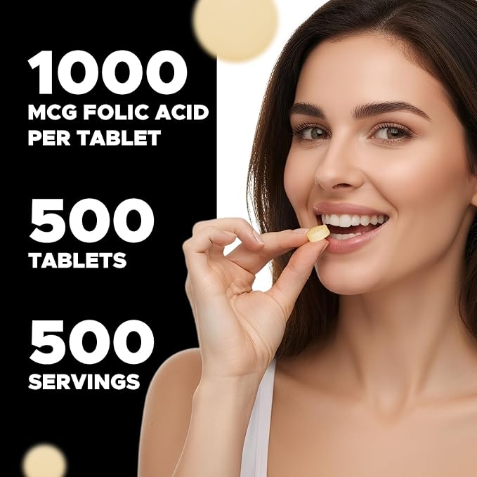 Vitabod Folic Acid 1 mg (1000 mcg) (Vitamin B9) - 500 Vegetarian Tablets - an Essential Prenatal and Postnatal Vitamin
