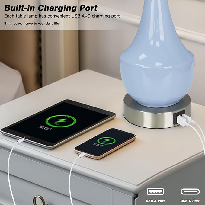 Cinyirong Modern Blue Table Lamp Set of 2, 24" Ceramic Table Lamp with USB A+C Ports,Classic Beside Lamps Nightstand Lamp Modern Lamp for Living Room, Bedroom & Office -LED Bulbs Included