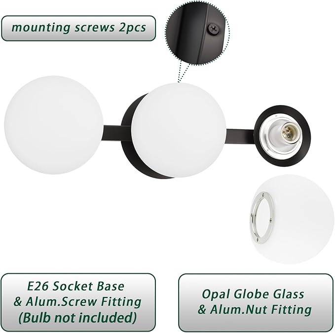 Black Bathroom Vanity Light Fixtures, Modern 3 Lights Globe Wall Sconce Lighting, Porch Wall Mount Light Fixture for Bathroom, Mirror Cabinets Hallway Stairs (Matte Black, 3-Light)