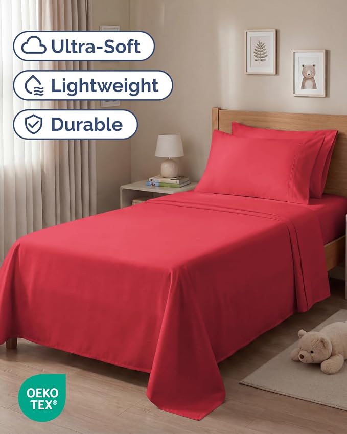 Twin 4 Piece Sheet Set - Comfy Breathable & Cooling - Ultra Soft Hotel Luxury Bedding Set with 8-16 Inch Deep Pockets - 1 Flat & 1 Fitted Sheet & 2 Pillowcases - Cozy, Wrinkle Free & Easy Care - Red