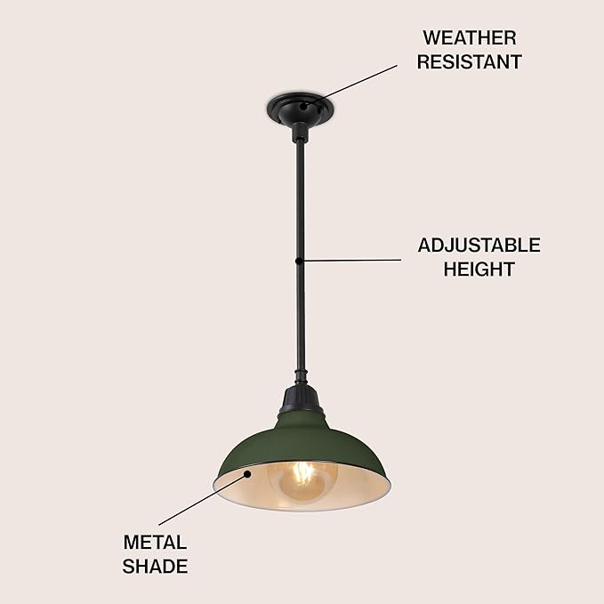 JONATHAN Y 12.25" Matte Olive Green 1-Light Farmhouse Indoor/Outdoor LED Pendant Iron Hanging Light, and Black Metal Shade, Rustic Ceiling Lamp for Kitchen Island, LED Bulb Included (JYL7611I)