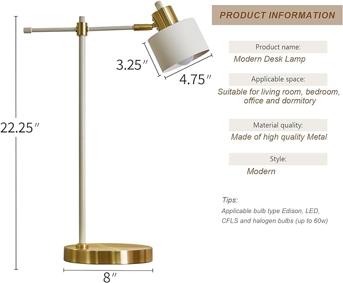 OYEARS 22.2" Modern Desk Lamp, Metal Table Lamp with LED Bulb, Adjustable Reading Lamps for Living Room, Mid Century Task Lamp for Home Office, Industrial Bedside Lamps, Cream and Gold