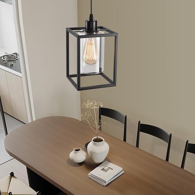 Black Pendant Lights for Kitchen Island Industrial Lantern Pendant Light Fixtures with Clear Glass Shade, Farmhouse Adjustable Height Hanging Pendant Lighting