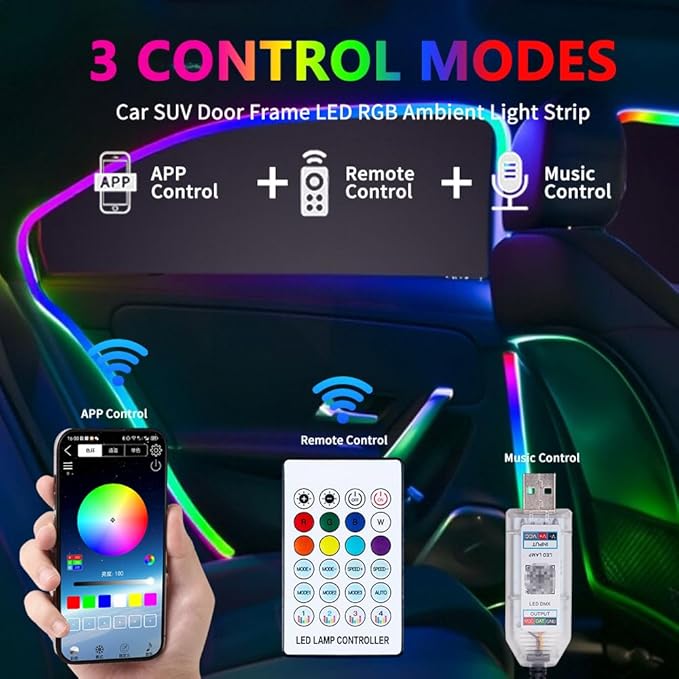 Car SUV Door Frame Ambient Light Lighting, Car Door Ambient Lights LED RGB, Automotive Auto Interior USB Neon Accent Lights Strip Accessories, App Remote Control Music Sync, Acrylic, 4 Pack*11.48ft