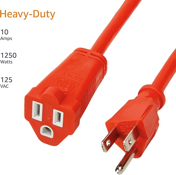 Amazon Basics 100 Foot 3-Prong Vinyl Indoor/Outdoor Extension Cord, Long Power Cord, Grounded Plug for Safety, Moisture Resistant, 10 Amps, 1250 Watts, 125 VAC, Orange