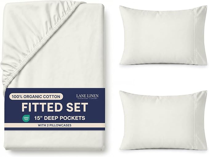 LANE LINEN Full Size Fitted Sheet & Pillowcases (No Flat Sheet) - 100% Organic Cotton Soft & Breathable Percale Weave Sheets - 15'' Deep Pocket for Snug Fit - GOTS Certified - Glacier Grey