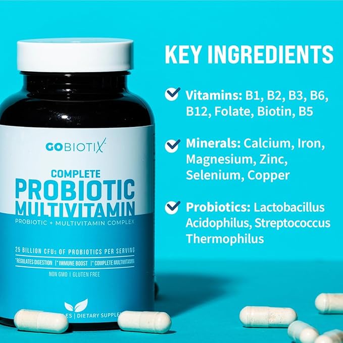GOBIOTIX マルチビタミン プロバイオティクス＆消化酵素配合 - 250億CFU - 消化器系の健康、女性と男性のためのプロバイオティクス - グルテンフリー錠剤 - 90カプセル