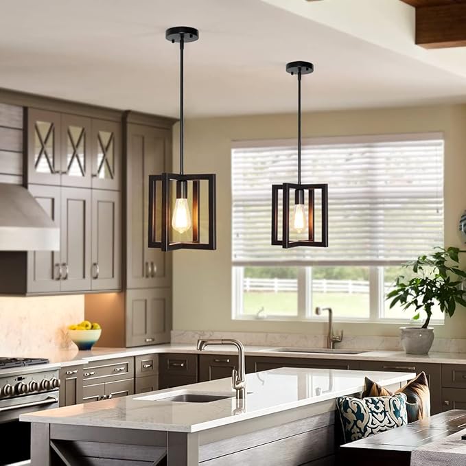 Modern Pendant Lighting for Kitchen Island 1-Light Farmhouse Black Light Fixtures Hanging Adjustable Small Square Chandeliers Ceiling for Dining Room Entryway Hallway