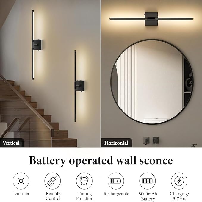 SAIMAND Wall Sconces Set of 2 Battery Operated, Wireless USB 8000mAh Rechargeable Wall Lights with Remote Control,3000K-6000K LED Dimmable Decor Lamp for Living Room,Bedroom,Hallway (27in Black)