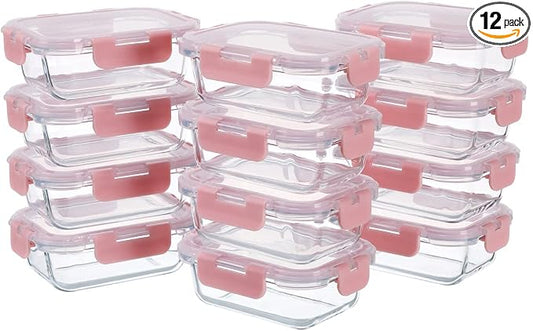 GULFLIN Small Glass Food Storage Containers 12 Pack-12oz Glass Containers with Lids for Meal Prep, Food Storage, Freezer to Microwave Safe, Air-Tight, Leak-Proof, Pink Set