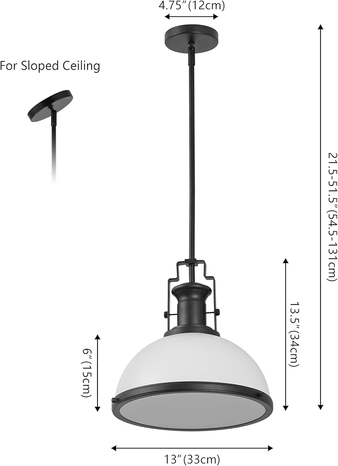 JONATHAN Y 13" Matte Black/White Modern Industrial Iron LED Dome Pendant Light, Adjustable Hanging Fixture for Kitchen Island or Entryway, White Metal Shade, LED Bulb Included (JYL9536E)