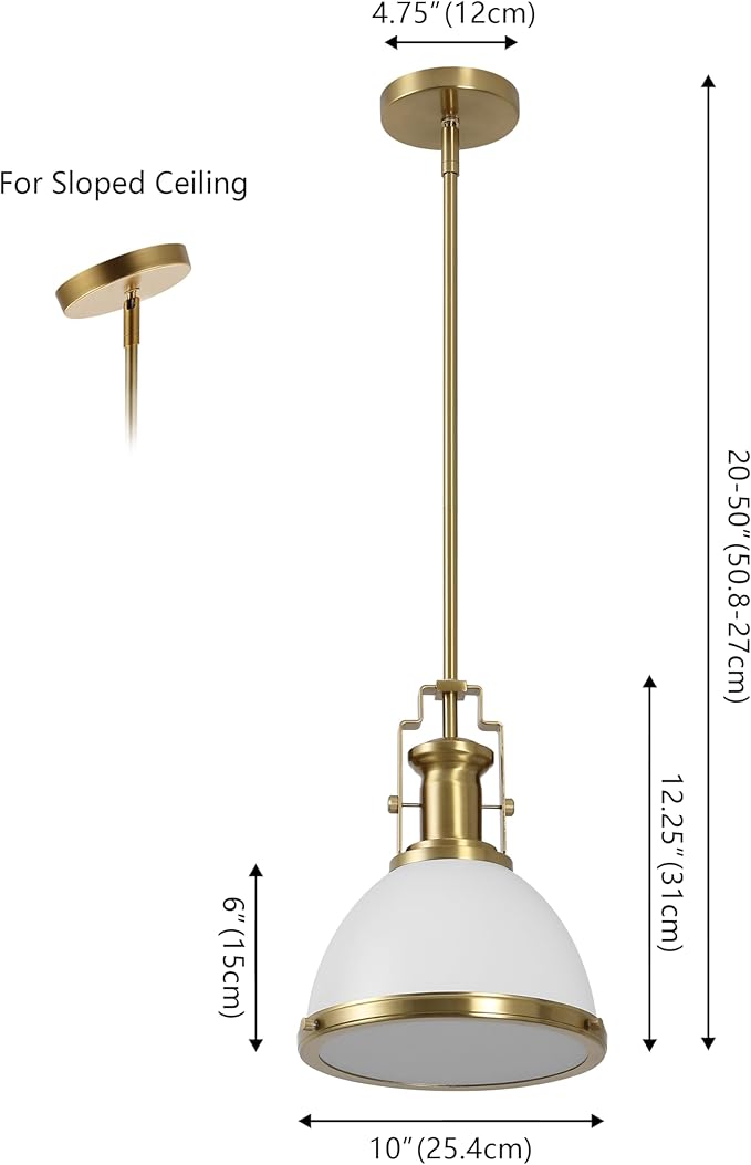 JONATHAN Y 10" Brass Gold/White Modern Industrial Iron LED Dome Pendant Light, Adjustable Hanging Fixture for Kitchen Island or Entryway, White Metal Shade, LED Bulb Included (JYL9535D)
