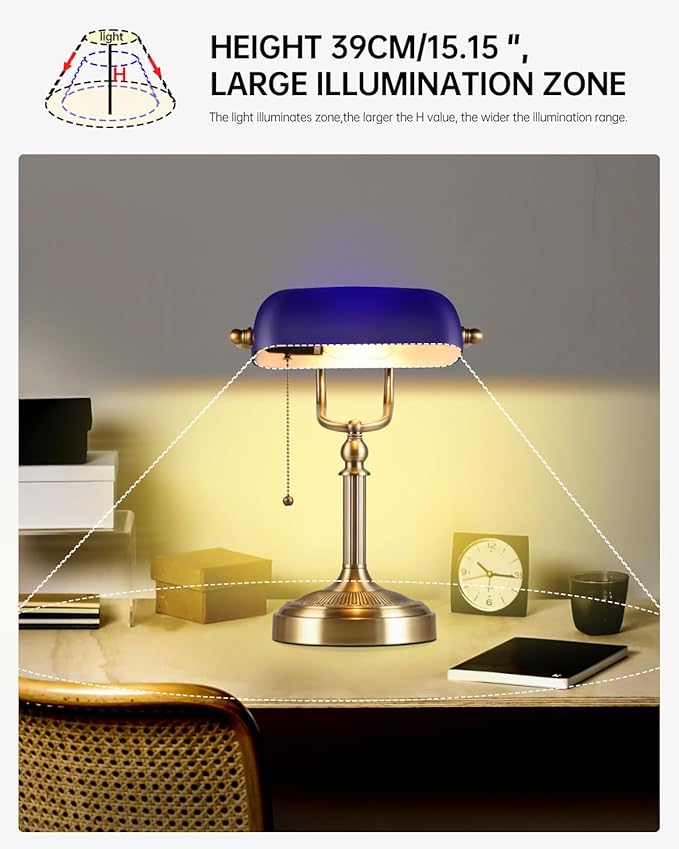 Blue Glass Bankers Desk Lamp with Pull Chain Switch Plug in Fixture for Home Office,Library