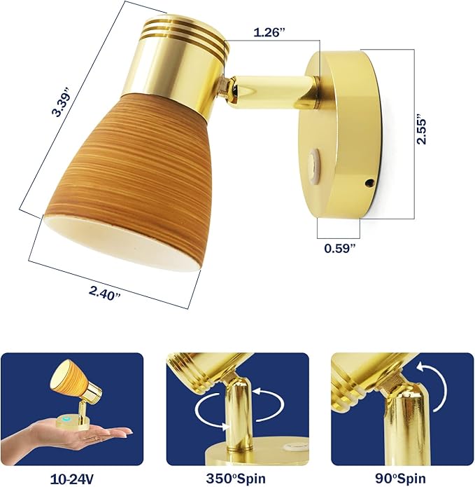 THALASSA Small 12V Boat Reading Lights - RV Interior Bedside Lights with Adjustable Warm White Brightness & Touch Switch, Surface-Mounted on Camper Motorhome Caravan Indoor 2.55“Diameter Light Base